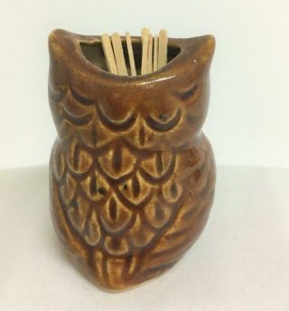 Vintage Owl Toothpick Holder Brown Black Glazed Ceramic Pottery 2 1/4 