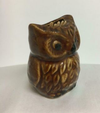 Vintage Owl Toothpick Holder Brown Black Glazed Ceramic Pottery 2 1/4 