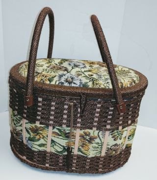 Vintage Wicker Tapestry Sewing Basket Box Hinged Lid Handles Tray Satin Lined