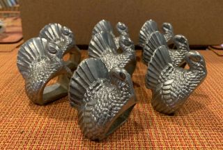 Set Of 8 Vintage Pewter Turkey Napkin Rings Holders