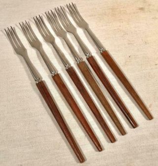 Set Of 6 Vtg Mid Century Modern Teak Handle 10 1/4 " Forks Fondue Appetizers