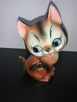 Vintage 6” Ceramic Porcelain Big Eyes Cat Kitten Figurine
