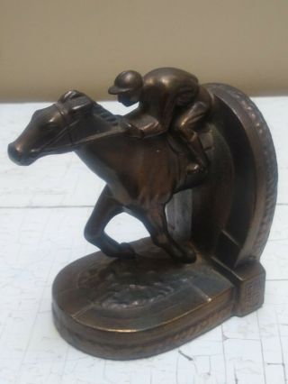 Vintage Race Horse And Jockey Bookend Bronze (?) Marked B.  M.  Pro Copyright 1950