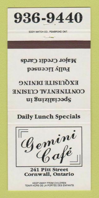 Matchbook Cover - Gemini Cafe Cornwall On 30 Strike