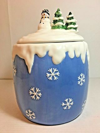 Christmas Cookie Jar Snowflakes Blue And White Snowman Trees On Lid Large