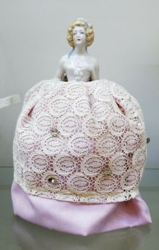 German Porcelain Half Doll Pin Cushion Vanity Hair Pink Ivory Lace