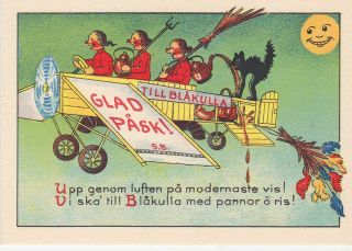 Old Vintage Postcard Easter Witches Flying On Airplane Broom Black Cat Whimsical
