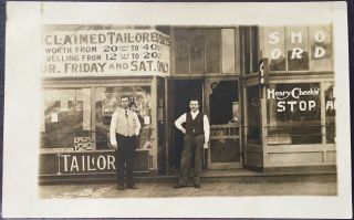 Real Photo Postcard Rppc Men In Front Of Tailor Shop & Shoe Store Occupational