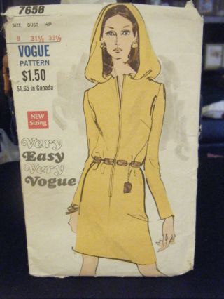 Vogue 7658 Misses One - Piece Hooded Dress Pattern - Size 8 Bust 31 1/2 Hip 33 1/2