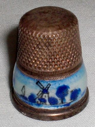 German Sterling Silver And Enamel Thimble - Size 8 Delft Blue Windmill Design