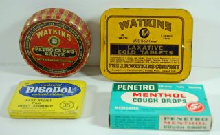 Old Watkins Petro - Carbo Salve,  Laxative Cold Tablets,  Bisodol Tablets Tins,