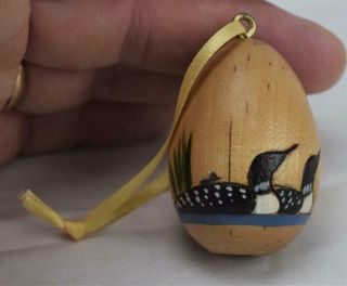 Hand Painted Artist Signed Loon Wood Egg Ornament