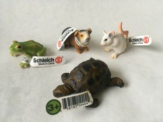 4 Schleich Pets - Frog,  Guinea Pig,  Mouse,  Turtle 14407,  14417,  14406 14404,  Tags