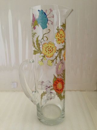 Signed Dorothy Thorpe Wild Flowers Mcm Glass Pitcher 32 Oz Hand Painted Vintage