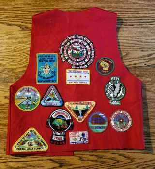 Boy Scout Patches On Red Felt Vest From Chicago Area Council,  Portage District
