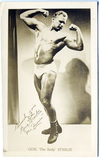 Mr.  America Gene " The Body " Stanlee Signed Real Photo Rppc Postcard