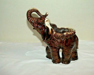 Vintage Ceramic Brown Glazed Elephant Trunk Up Good Luck Figurine Usa Planter