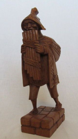 12” Peruvian Man Playing A Zampoña Or Panpine Wood Carved