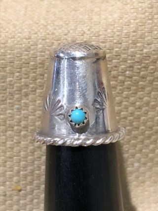Vintage Sterling Silver Navajo Type Design Thimble With Turquoise