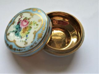Antique French porcelain Blue Dresser Trinket Powder Box Jar Handpainted Gilt 3