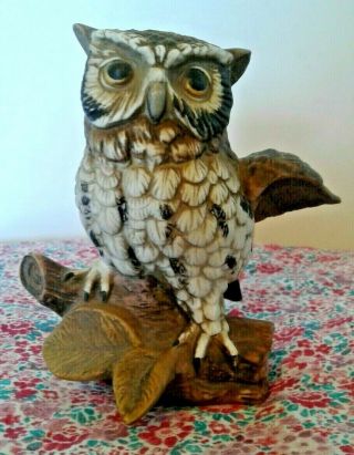 Adorable Vintage Homco Ceramic Owl 1114 Hoot Owl On Tree Branch Figurine