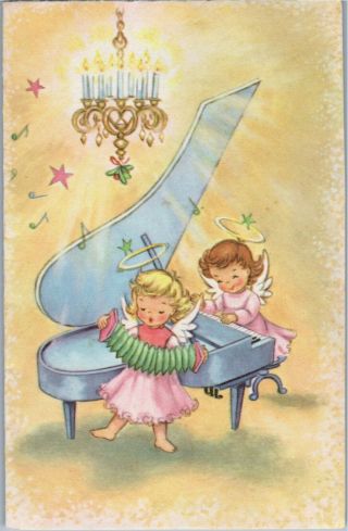 Pink Pretty Angel Girl Lady Blue Piano Music Vtg Christmas Greeting Card