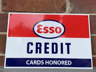 Esso Gasoline Credit Cards Honored Metal Sign Baked Oil Gas