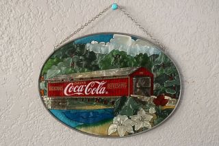 1997 Coca Cola Stained Glass Window Suncatcher Oval Covered Bridge