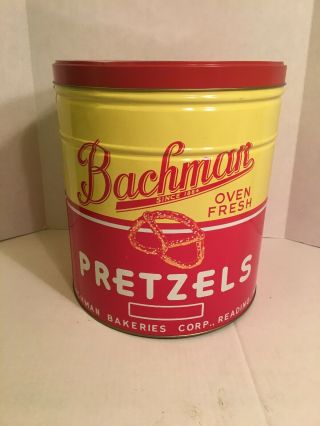 Bachman Pretzels Can / Tin Reading,  Pa.  Large 14 " Tall X 12 " Round,
