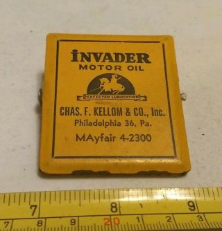 Vtg Invader Motor Oil Chas F.  Kellom & Co Philadelphia Pa Advertising Metal Clip