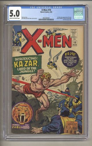X - Men 10 (cgc 5.  0) C - O/w P; 1st S.  A.  Ka - Zar,  Zabu,  Savage Land; Kirby (c 27082)
