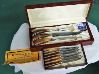 Vintage Sheffield E Parker & Sons Carving Set & 6 Steak Knives