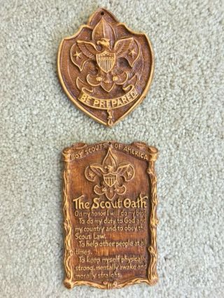 2 Vintage Boy Scouts Of America Wood Plaques - Scout Oath,  Bsa Fleur - De - Lis