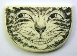 Artisan Scrimshaw Button Etched & Inked Cheshire Cat Face 1 & 3/4 "