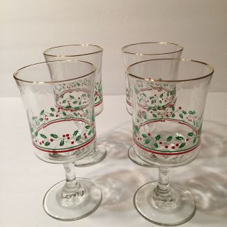 4 Vintage 1987 Arbys Christmas Holiday Holly Berry Glasses Wine Goblet Libbey