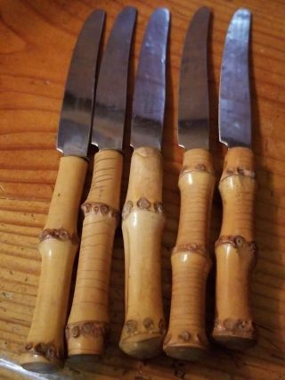 Set Of 5 Vintage Rostfrei Solingen Germany Stainless Bamboo Handle Knives