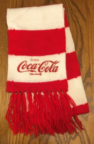 Coca - Cola Red & White Scarf Orlon Acrylic Fringe Vintage Coke Usa Knit 7503