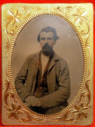 1/4 Plate Tintype In Half Case Good Sharp Image & Hand Tinted Brown Vest