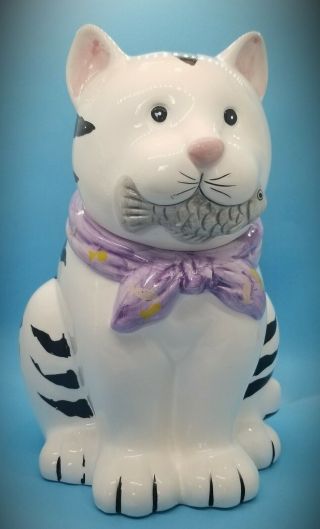 Vintage King Fong Pottery Ceramic Cat With Fish Cookie Jar