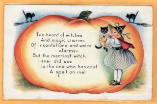 Vintage Halloween Postcard,  Whitney,  Embossed,  Girl Holding Bl Cat,  Jol