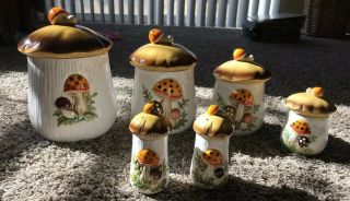 Vintage 10 Piece Sears 1978 Merry Mushroom Ceramic Canister Set,  Salt Pepper Set