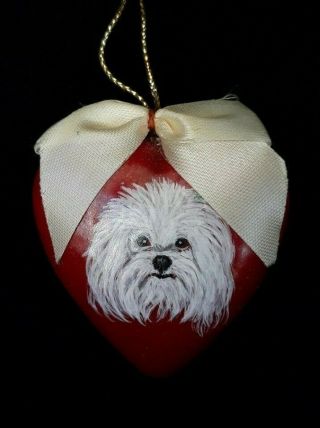 Heart Ornament With Hand Painted Maltese With Ribbon And Gold String