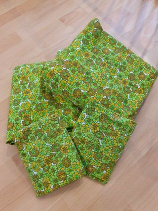 Vintage 70s Sheets Fabric Green Yellow Brown Flowers 2 Flat Sheets 2 Pillowcases