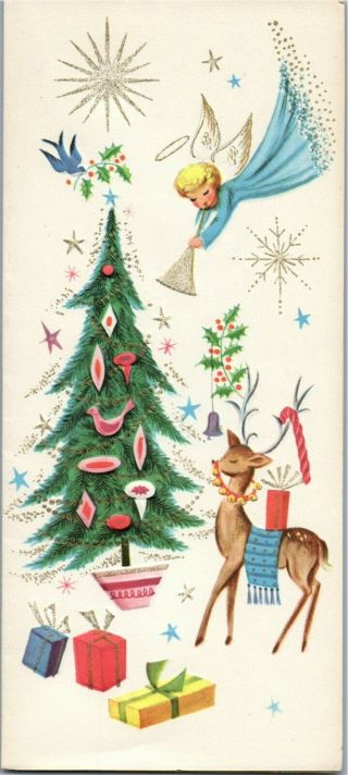 Pretty Angel Girl Lady Reindeer Deer Bluebird Bird Vtg Christmas Greeting Card
