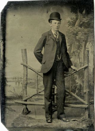 Antique Full Length Tintype Photo Portrait Of A Young Man Wearing Hat