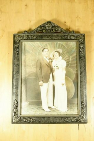Vintage Art Deco 1937 Wood Photo Frame With Portrait Of Couple 11x14