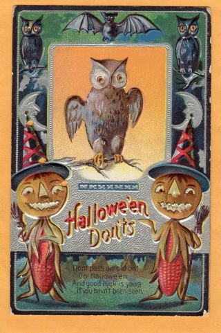 Vintage Halloween Postcard,  Owl On Branch,  Jol Cornstalks,  Embossed
