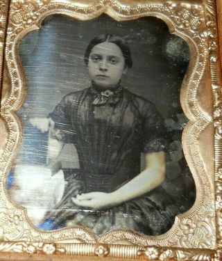 1/9th Size Daguerreotype Image Of Young Girl Holding Book In Half Case