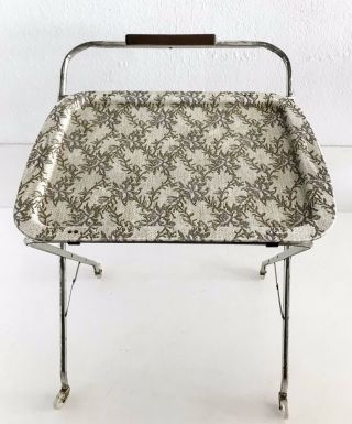 Vintage Metal Tv Tray Stand Table Handle Wheels Flower Vinyl Mid Century Modern