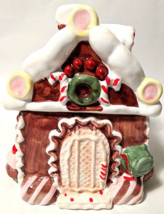 Gingerbread House Ceramic Christmas Cookie Jar Candy Canes Cupcakes Icing